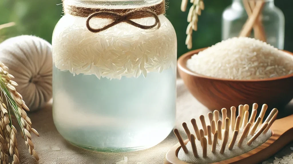 DALL·E 2025-02-18 18.31.24 - Aesthetic composition of rice water in a glass jar, surrounded by rice grains, and a wooden hairbrush. A soft, natural lighting enhances the sce Rice Water for Hair Strengthening