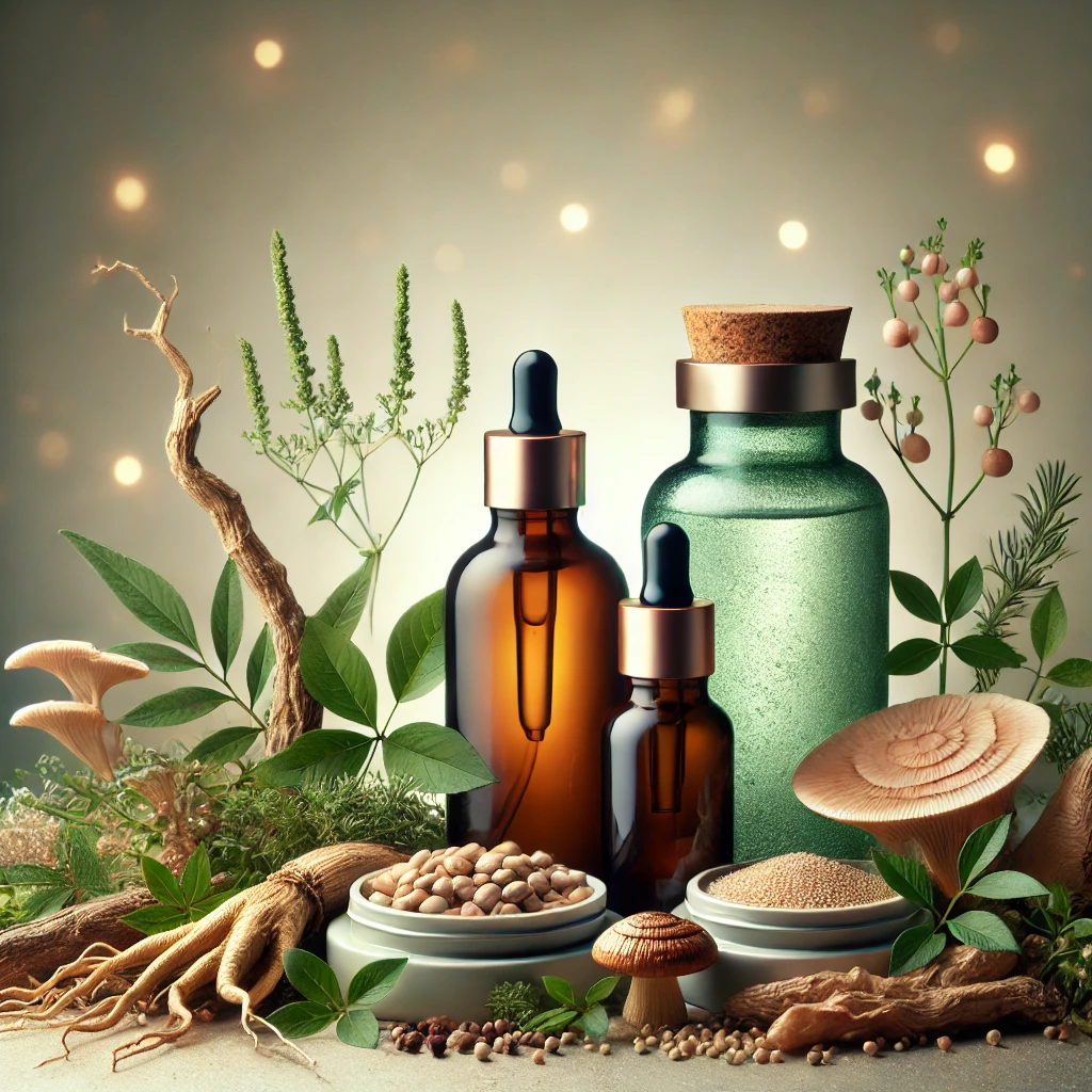 DALL·E 2025-02-14 21.19.27 - Aesthetic composition of skincare products containing adaptogenic herbs such as ashwagandha, ginseng, and reishi mushroom. The image features el Borage Oil for PMS and Skin – How This Supplement Can Help