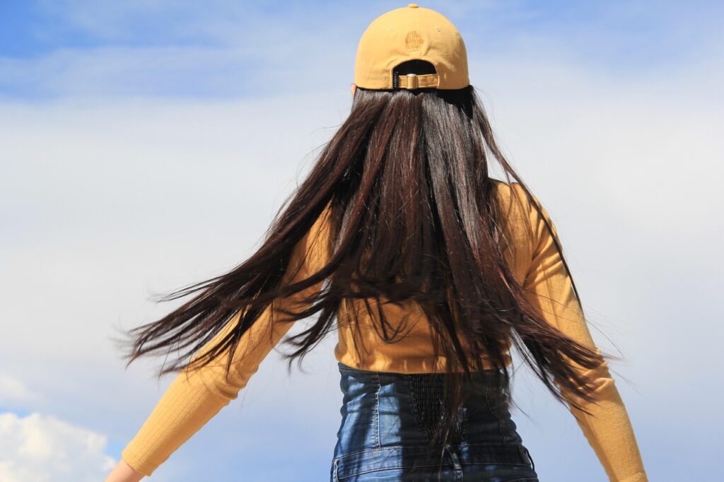 girl, long hair, yellow